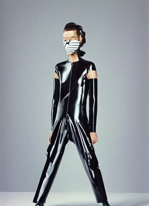 Image similar to an early 0 0's aesthetic portrait of an european girl detailed features wearing a cyber latex wedding dress suit'utility - chic'techno - fashion trend - by issey miyake by ichiro tanida and mitsuo katsui