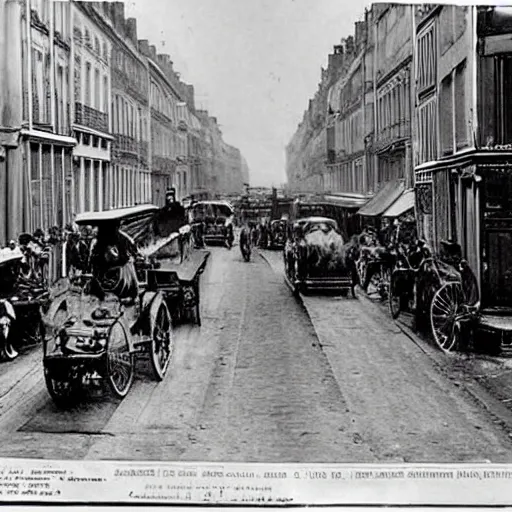 Prompt: une rue de paris vide avec des voitures garees en 1 8 7 5