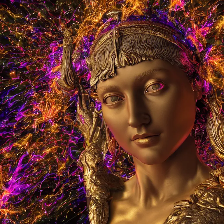 Image similar to octane render portrait by wayne barlow and carlo crivelli and glenn fabry, an incredibly realistic shiny reflective high - end colorful statue of a roman goddess made out of pored resin surrounded by flying colorful sparks, cinema 4 d, ray traced lighting, very short depth of field, bokeh