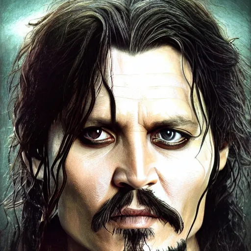 Image similar to symmetry!! portrait of johnny depp starring in the lord of the rings as aragorn, detailed - face!!, artstation, intricate, elegant, highly detailed, film still, nikon, canon eos, zeiss lens, dramatic lighting, sharp - focus!!, art by artgerm and greg rutkowski and alphonso mucha, smooth