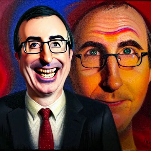 Image similar to Facial portrait. John Oliver, looking at the camera, laughing like a maniac. colorful background, lighting like in blair witch project. extremely detailed painting on canvas. by Greg Rutkowski and by Henry Justice Ford and by Steve Henderson. Shown in a newspaper.