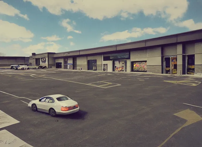 Image similar to polaroid photograph of an empty blockbuster store parking lot, liminal space, familiar place, mannequins, black mold, amateur, unreal engine, photorealistic, trending on artstation