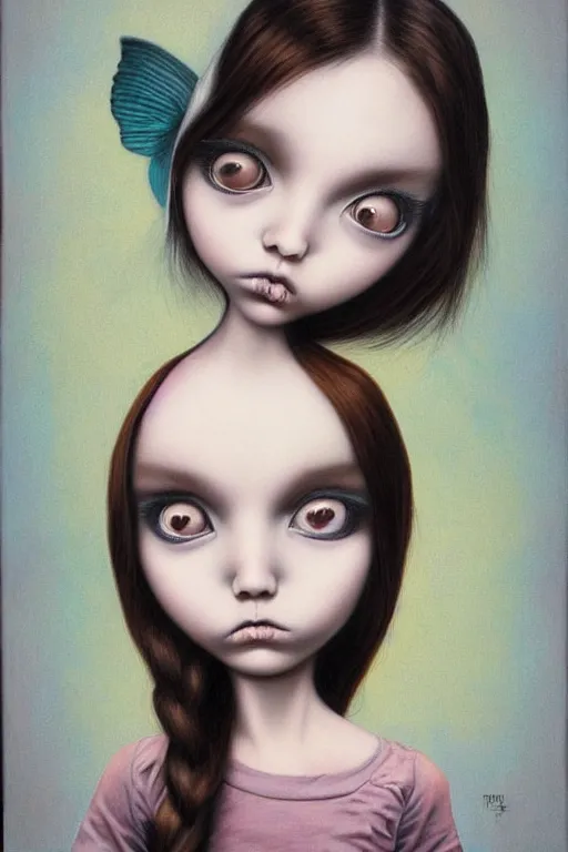 Prompt: pop surrealism, lowbrow art, big eyed realistic cute girl painting, japanese cute fashion, hyper realism, muted colors, trevor brown, mark ryden style
