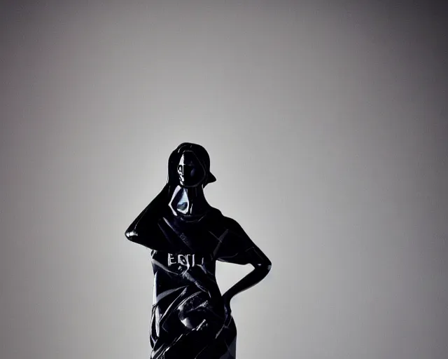 Image similar to extremely beautiful female marble statue in the style of virgil abloh, carved in black marble, colorful motocross logos behind her, sharp focus, clear, detailed,, cinematic, detailed, off white, glamourous, symmetrical, vogue, editorial, fashion, magazine shoot, glossy