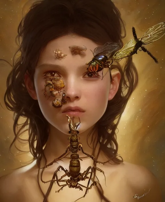 Image similar to simplicity, portrait of a adorable childlike insect alien, milky way environment, ultra realistic, concept art, intricate details, cheerful, highly detailed, photorealistic, octane render, 8 k, unreal engine. art by artgerm and greg rutkowski and alphonse mucha