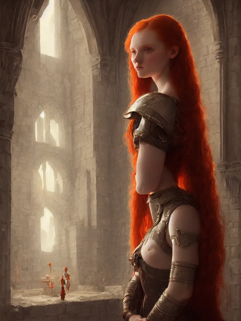 Image similar to daily life portrait of a young redhead maiden inside a castle, symmetrical, highly detailed, digital painting, artstation, art by artgerm and greg rutkowski, concept art, smooth, cinematic lighting, 8 k resolution