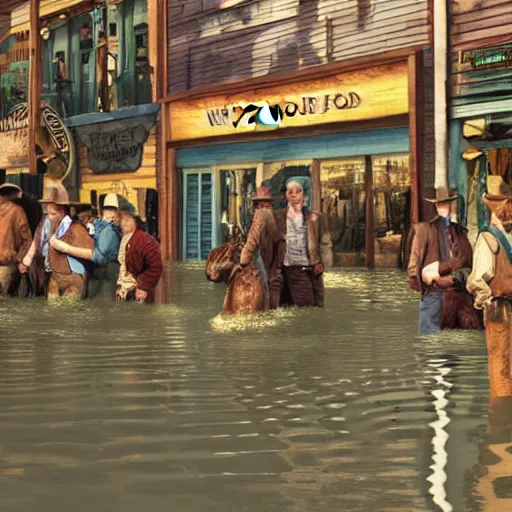 Prompt: flood on Wild West town, crowd cowboy at high noon, hyperrealistic