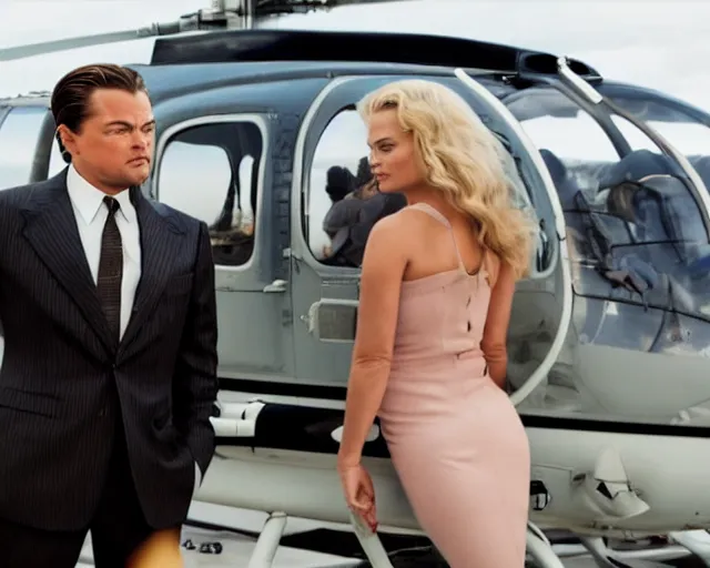 Image similar to leonardo dicaprio as the wolf of wall street next to margot robbie as naomi from the wolf of wall street in a helicopter, hyper realistic faces, beautiful eyes, cinematic, long shot, hyper detailed, 8 5 mm photograph, 8 k resolution, film still, sharp lens, wide lens