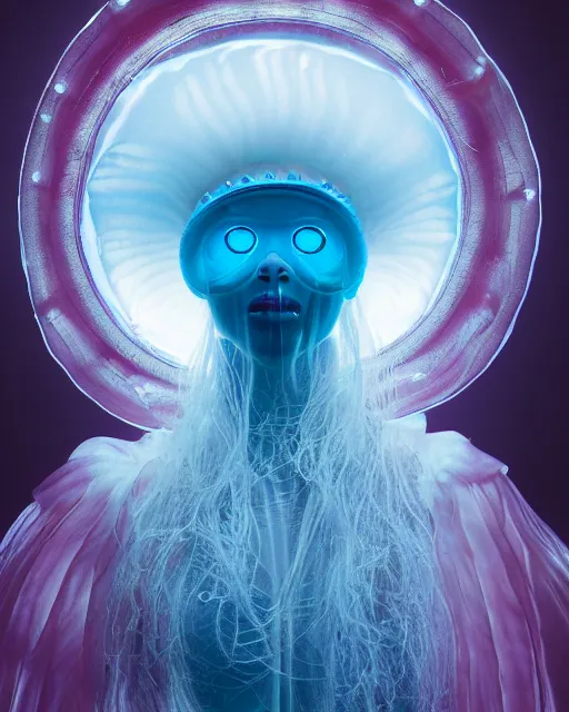 Image similar to natural light, soft focus portrait of a cyberpunk anthropomorphic jellyfish with soft synthetic pink skin, blue bioluminescent plastics, smooth shiny metal, elaborate ornate head piece, piercings, skin textures, by annie leibovitz, paul lehr