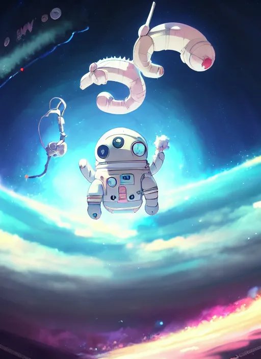 Image similar to portrait of cute kawaii astronaut android riding a neonpunk kaiju dragon, nebulous background of dynamic space, a dramatic composition by wlop and greg rutkowski and makoto shinkai and studio ghibli and kyoto animation cute bubbly clothing