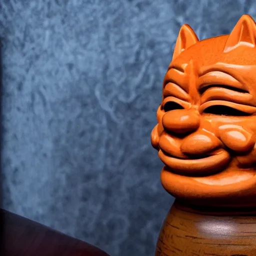 Image similar to a closeup photorealistic photograph of an orange cat garfield style tiki mug at a trader vic's restaurant with garfield's face on the front. tiki party. bright scene. fine detail. this 4 k hd image is trending on artstation, featured on behance, well - rendered, extra crisp, features intricate detail, epic composition and the style of unreal engine.