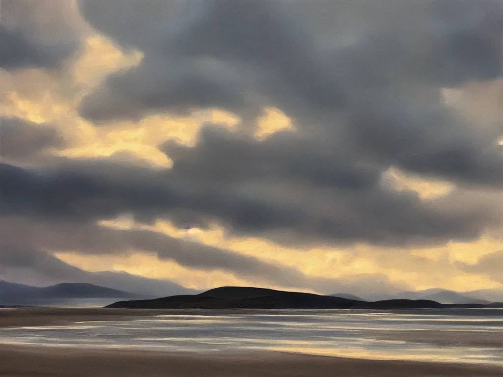 Prompt: beautiful oil painting of dramatic light over Luskentyre beach, Isle of Harris Scotland, beautiful composition, artstation