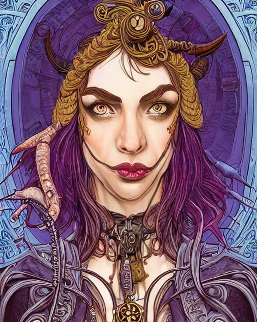 Prompt: a detailed portrait illustration of a steampunk wizard. beautiful female face. art nouveau, pop art, comic book style. influenced by neil gaiman, h. p. lovecraft, dan mumford, brian froud, vadim voitekhovitch, killian eng, ross tran.