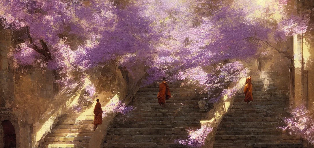 Image similar to A monk walks up stairs lined with cherry blossom trees and jacaranda trees, golden hour, by Craig Mullins, arstation, concept art