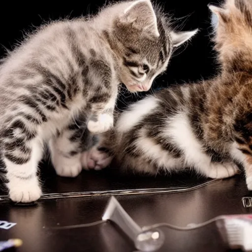 Image similar to an amazing award winning photo of kittens playing in a band on stage, very detailed and sharp, 4k hdr, masterpiece