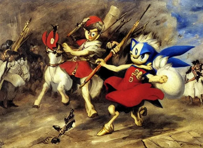 Prompt: romanticism painting of sonic the hedgehog during the french revolution, by eugene delacroix