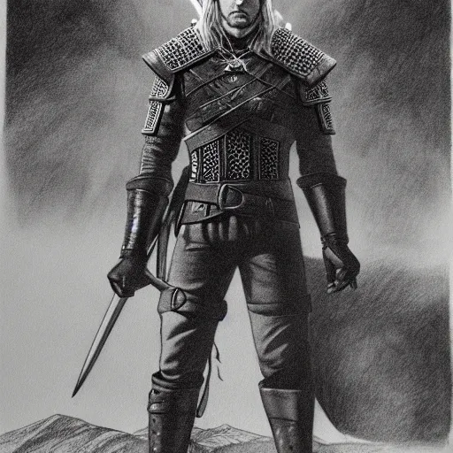 Image similar to the witcher standing at the edge of a cliff with his sword pointing up to the sun, pencil drawing