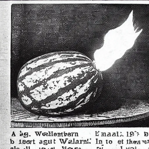 Prompt: a watermelon on fire in a bar, early 1 9 0 0 s newspaper