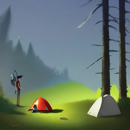 Image similar to goro fujita ilustration hiker setting up a tent in the forest, painting by goro fujita, sharp focus, highly detailed, artstation