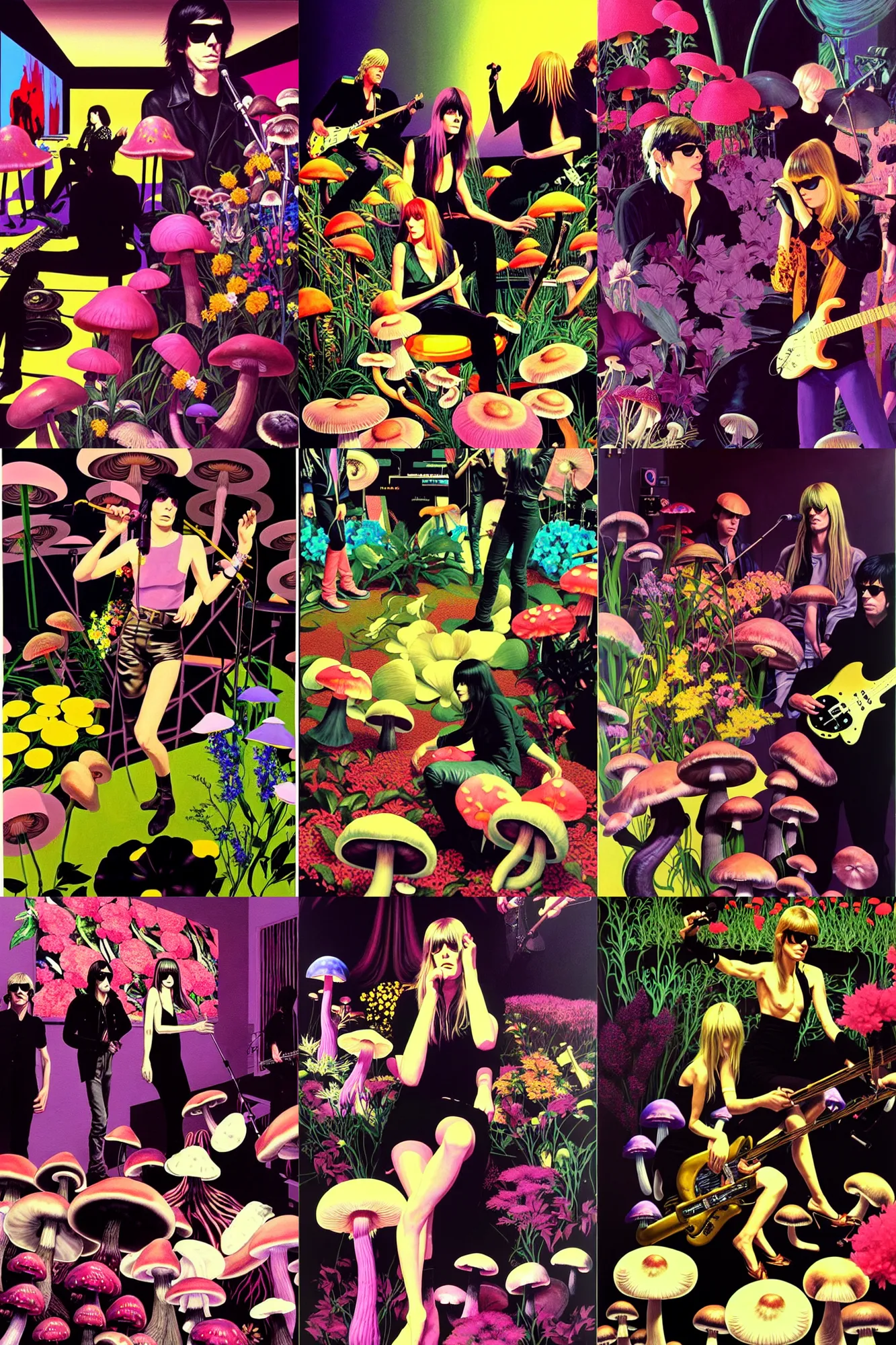 Prompt: the velvet underground and nico playing live on stage, beautiful stage decoration in the background featuring flowers and mushrooms, painting by syd mead, very detailed and colorful and toned down and ornamental and moody and cool and relaxed and high on drugs, trending on artstation, behance contest winner