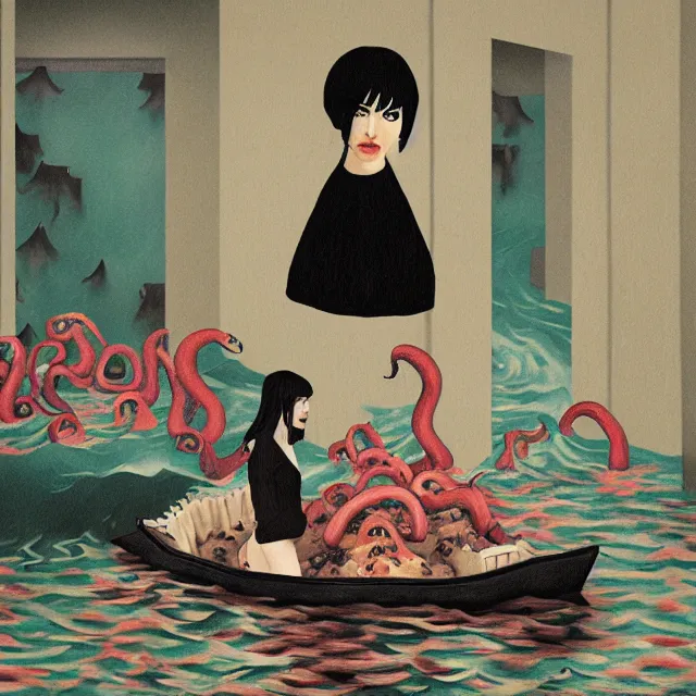 Image similar to tall female emo artist wearing a pig mask in her flooded apartment, mushrooms, octopus, water gushing from ceiling, painting of flood waters inside an artist's apartment, a river flooding indoors, pomegranates, ikebana, zen, rapids, waterfall, black swans, canoe, berries, acrylic on canvas, surrealist, by magritte and monet