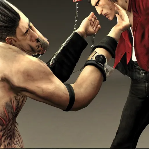 Image similar to Kiryu Kazuma from Yakuza beating up Steven Armstrong from Metal Gear Rising Revengeance, 3d render, realistic, dynamic action, cool, 4k