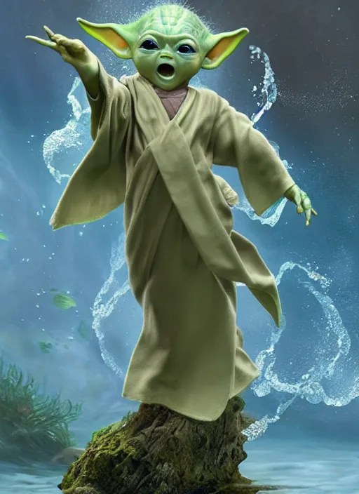 Image similar to full length photo of baby Yoda as a mermaid in the style of stefan kostic, full slim body, screaming. not realistic, sharp focus, 8k high definition, insanely detailed, intricate, elegant, art by stanley lau and artgerm