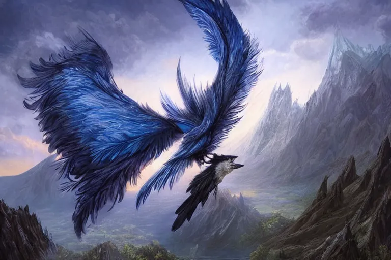 Prompt: Blue feathered wolf with wings on a beautiful fantasy landscape, hills, mountains, moonlit, HD, illustration, epic, D&D, fantasy, intricate, elegant, highly detailed, digital painting, artstation, concept art, smooth, sharp focus, illustration, wallpaper, art by artgerm and greg rutkowski and alphonse mucha and jin xiaodi and anthony devine