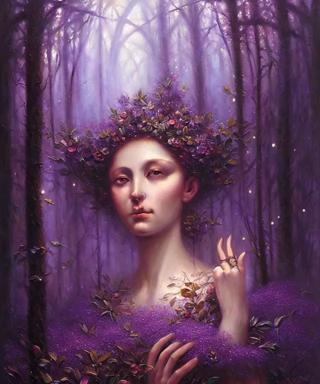 Image similar to ultra detailed magical realism portrait painting of the beautiful empress of the enchanted glowing purple forest, volumetric lighting, depth of field, illusion, intricate details, by karol bak, greg rutkowski, peter mohrbacher.