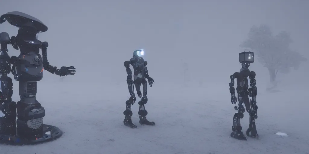 Image similar to a cyberpunk weather prediction robot, walking through te snow, fog, eroded metal, anthropomorphism, rendered in octane, unreal engine 5, trending on artstation, 8 k