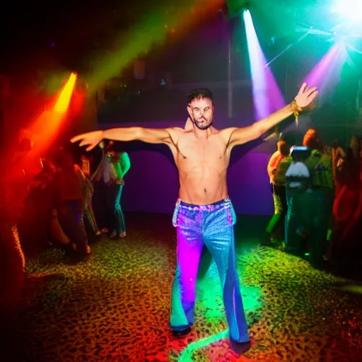 Prompt: an award winning photography of a disco jock at the disco who experiences mystical revelation