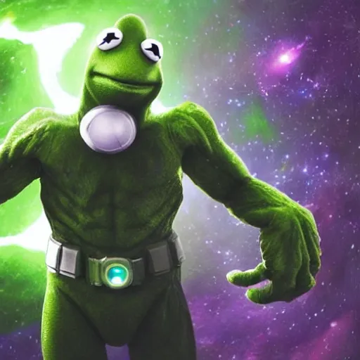 Image similar to the avengers battle one kermit the frog in space, galaxy, hd, 8 k, explosions, gunfire, lasers, giant, epic, showdown, colorful, realistic photo, unreal engine, stars, prophecy, epic oil painting, powerful, diffused lighting, destroyed planet, debris, justice league, movie poster, violent, sinister, ray tracing, dynamic, print