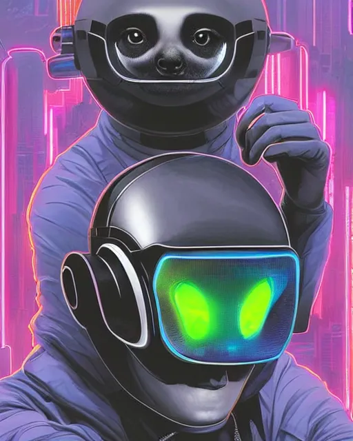 Image similar to silly sloth as future coder man looking on, sleek cyclops display over eyes and sleek bright headphoneset, neon accent lights, holographic colors, desaturated headshot portrait digital painting by dean cornwall, rhads, john berkey, tom whalen, alex grey, alphonse mucha, donoto giancola, astronaut cyberpunk electric