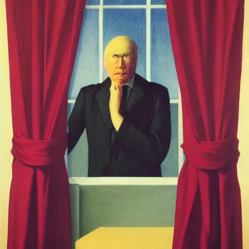 Image similar to the man behind the curtain waves you over to see him by Raphael, Hopper, and Rene Magritte. detailed, romantic, enchanting, trending on artstation.