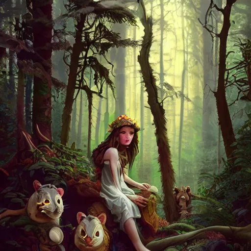 Prompt: lofi druid portrait in a forest surrounded by animals, Pixar style, by Tristan Eaton Stanley Artgerm and Tom Bagshaw.