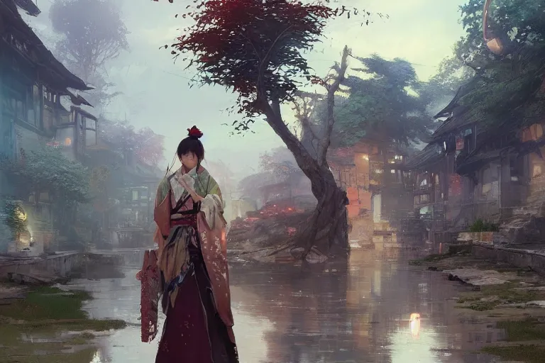 Prompt: a beautiful picture of some waste village, a girl in hanfu, by greg rutkowski and thomas kinkade, trending on artstation