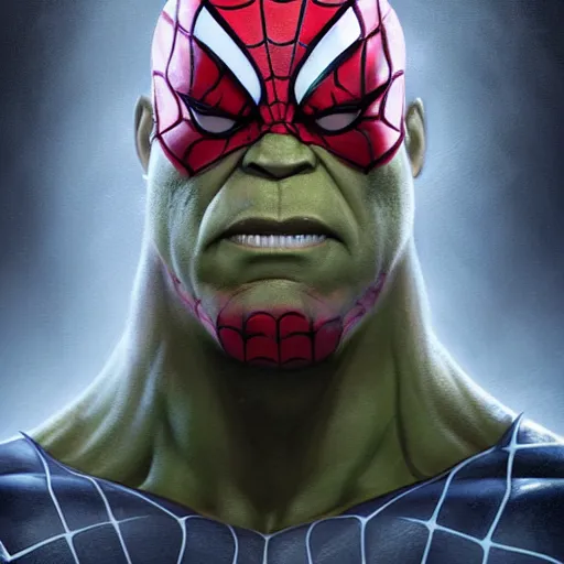 Image similar to characters portrait of Hulk mixed with Spiderman by ArtGerm and Tom Bagshaw, merged character, Full body shot, cinematic opening shot, 4k, highly detailed, cinematic lighting