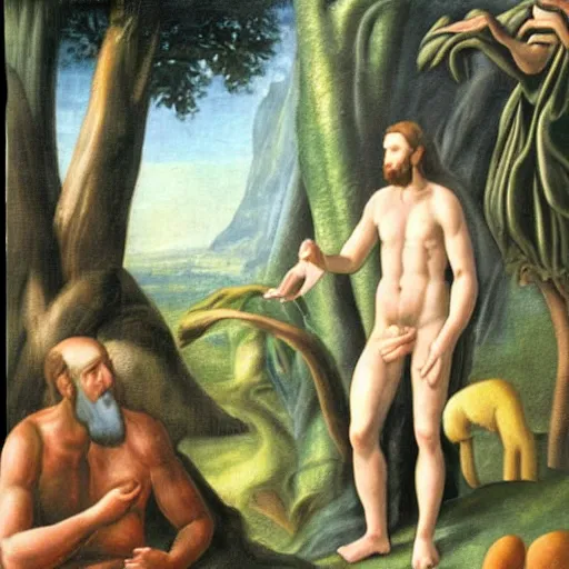 Image similar to God frowning in the Garden of Eden. Eve and Adam look guilty