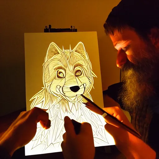 Image similar to photo portrait of drunk hobo artist drawing furries for booze, symmetry, awesome exposition, very detailed, highly accurate, intricate, professional lighting diffracted lightrays, 8 k, sense of awe