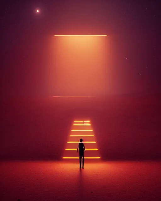 Image similar to a person standing in front of a glowy open door that's on a barren moon, poster art by mike winkelmann, trending on cg society, space art, sci - fi, ue 5, futuristic, volumetric lighting, light casting onto the ground, neat composition and camera angle