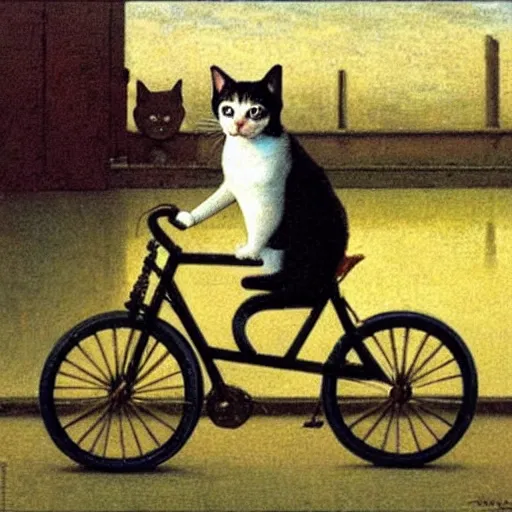 Image similar to A cat driving a bicycle, an illustration by Michael Sowa