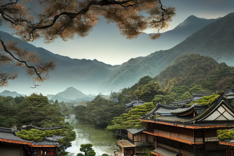 Prompt: Old japanese architecture village in a Japanese valley, cinematic sky, green mountains with snow peaks, river flowing in between, digital art, 4k, 8k, trending on ArtStation