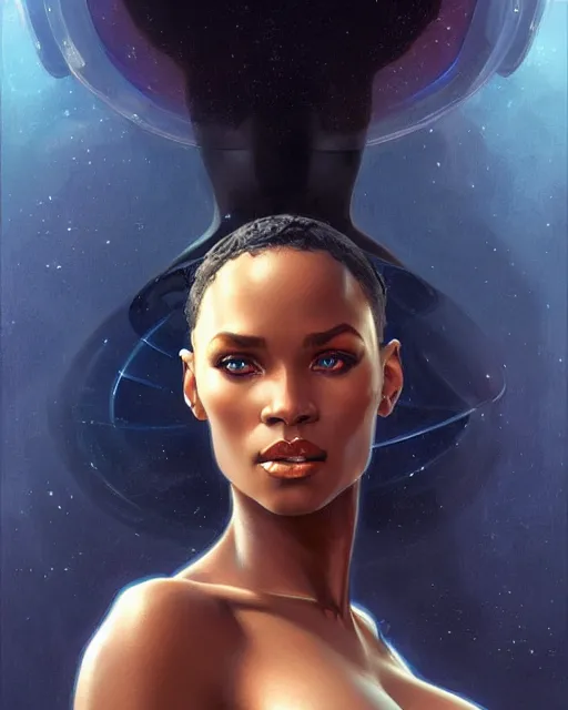 Prompt: Portrait of very very very very very very beautiful black woman, spacesuit, blue eyes, real life skin, intricate, elegant, highly detailed, artstation, concept art, smooth, sharp focus, art by artgerm and greg rutkowski and alphonse mucha