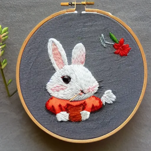 Image similar to a tiny beautiful handmade embroidery of a very cute rabbit. hand embroidery.