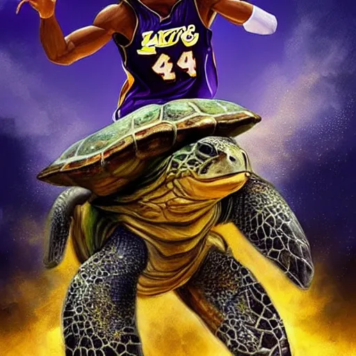 Prompt: kobe bryant riding on a turtle in heaven, amazing digital art, amazing detail, fantasy art, artstatiom, cgsociety, epic art