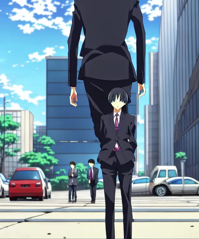 Image similar to A anime about a short-haired office solo worker standing on the sidewalk. Sharp high quality anime cover, fine details, straight lines, perfect faces, architecture in the background, masterpiece, shadows, art, highly detailed