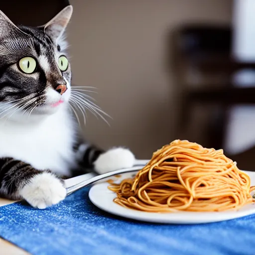 Prompt: a photo of a cat wearing a suit eating spaghetti on a table, DSLR photography