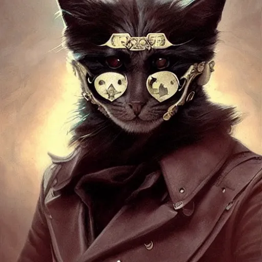 Image similar to portrait, male humanoid cat, eye patch, black fur, pirate, doctor, pirate clothes, d & d, fantasy, intricate, elegant, highly detailed, digital painting, artstation, concept art, matte, sharp focus, illustration, art by artgerm and greg rutkowski and alphonse mucha