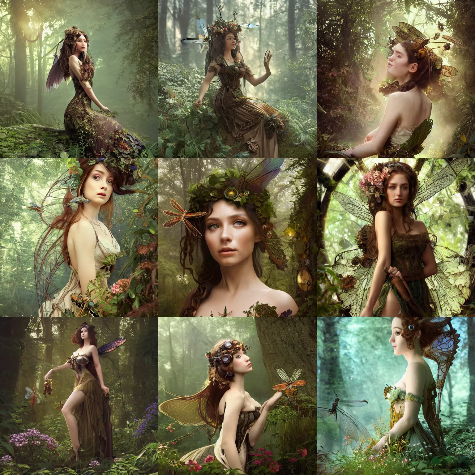 Prompt: portrait of a beautiful steampunk nature nymph in a simple dress, herbacious and steampunk decoration, dragonfly, forest, flowy hair, cinematic lighting, photorealistic, octane render, 8 k, depth of field, 3 d, art by greg rutkowski and artgerm and alphonse mucha and uang guangjian and marcin rubinkowski