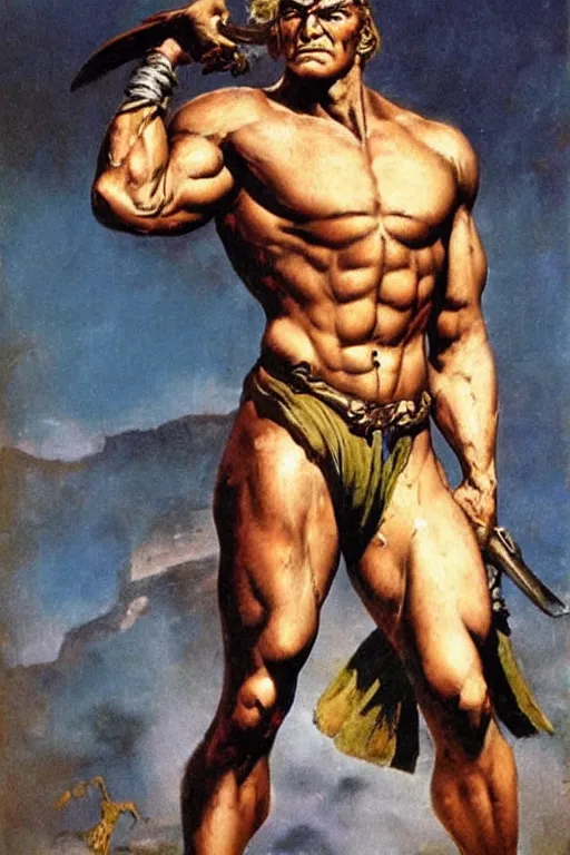 Prompt: sneering roman legioneer, blonde short hair. big muscles. by Frank Frazetta